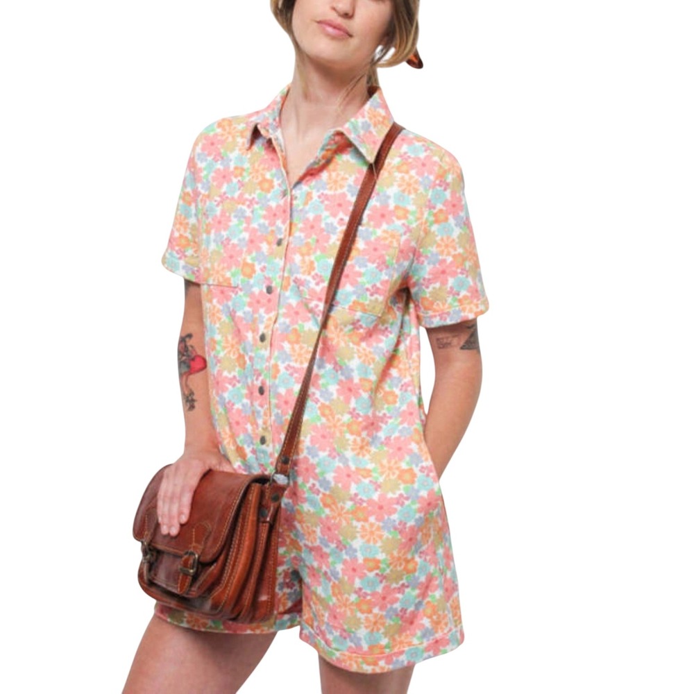 Storia Womens Floral Snap Front Short Sleeve Denim Twill Romper Multicolor Small